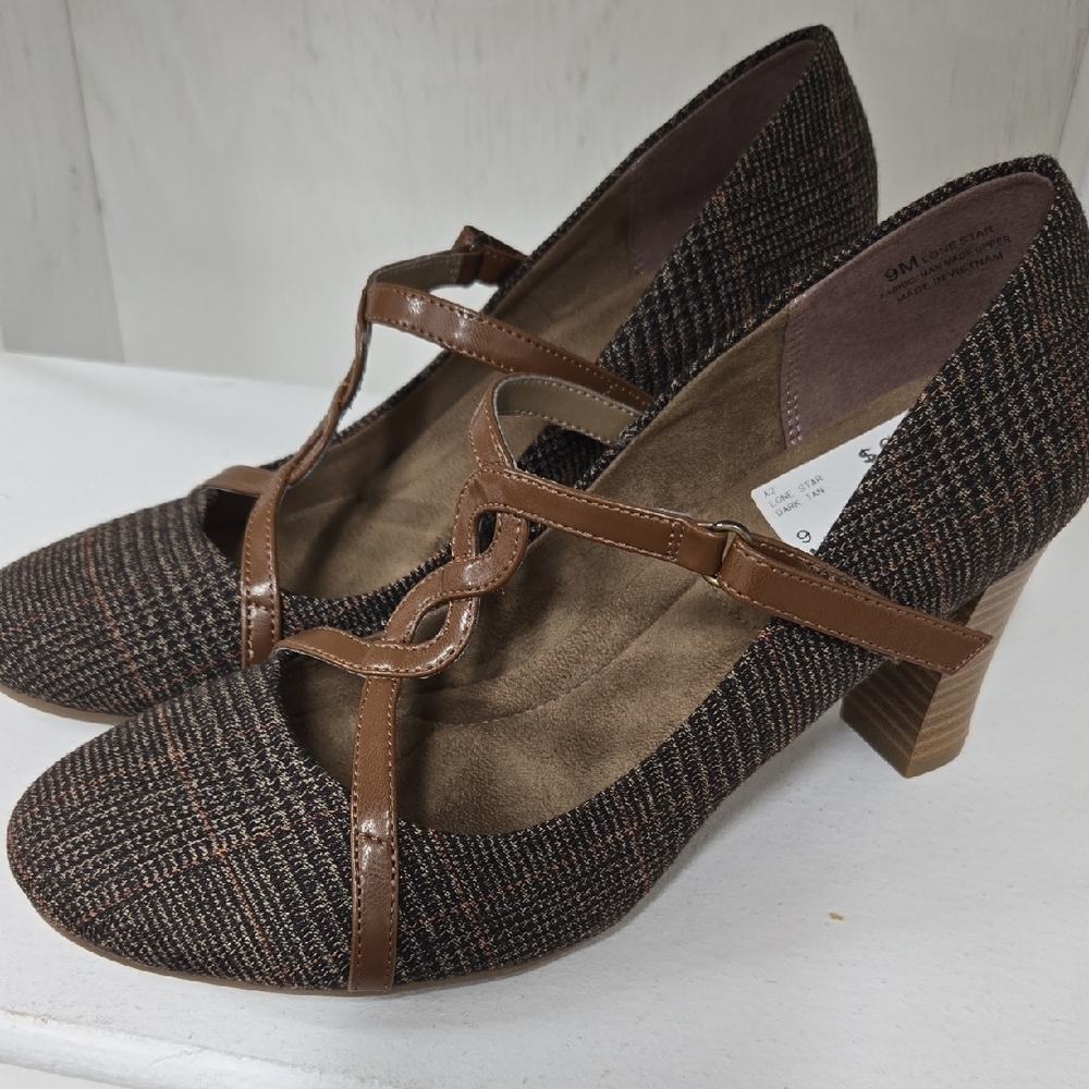 Chic Plaid Women's Heels with Brown Straps